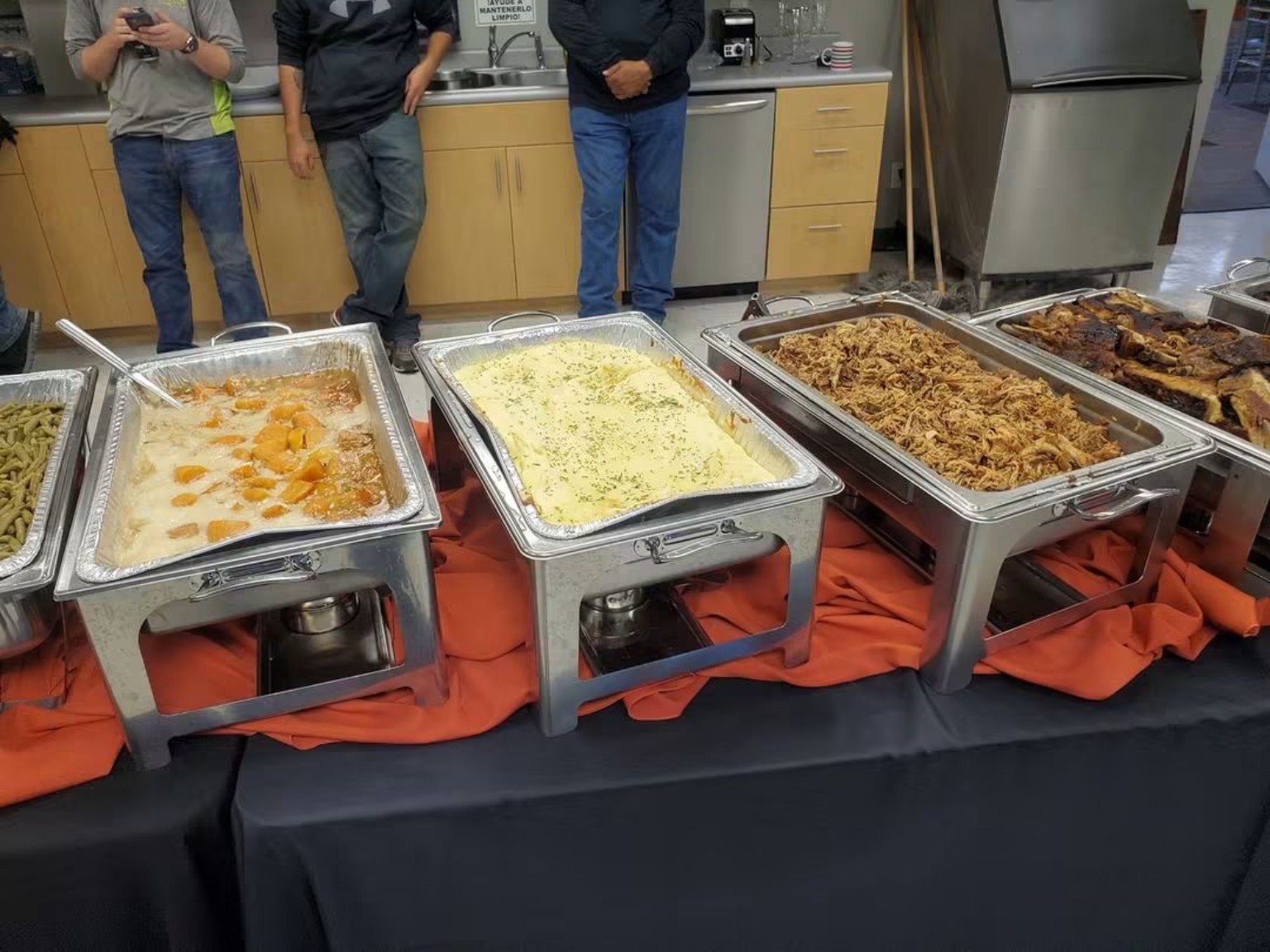 Catered buffet chafers ready for service
