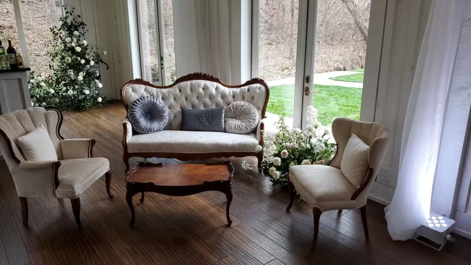 Elegant lounge seating in a bright event venue
