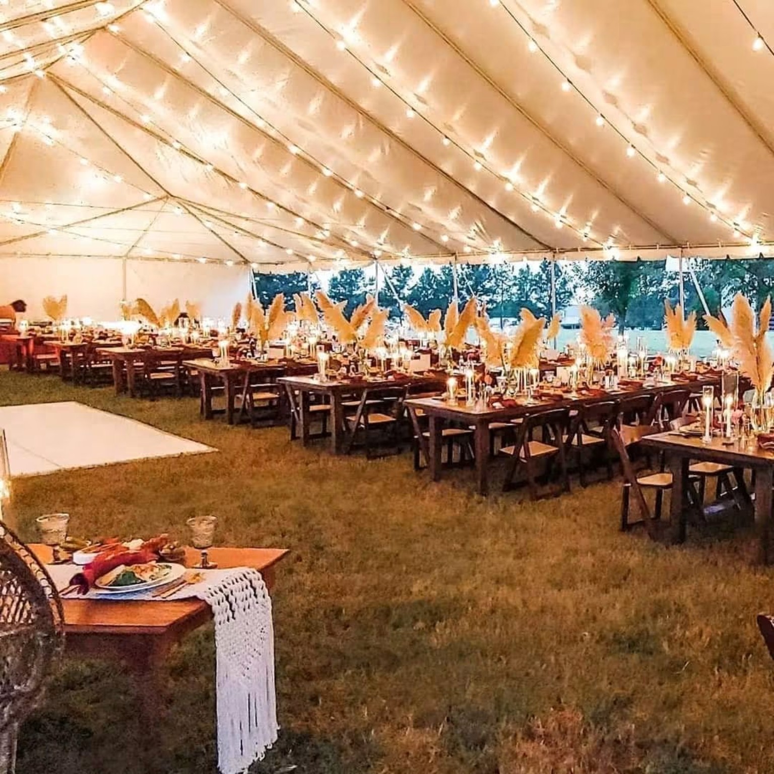 Large banquet room set for a gathering